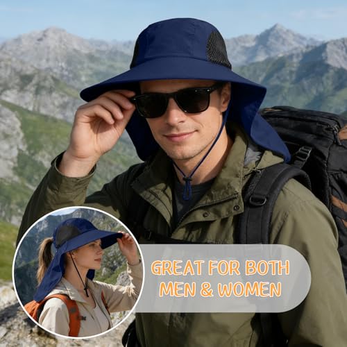 Sun Hat for Men Women with Neck Flap,UPF 50+ UV Protective Hiking Fishing Hats,Wide Brim Sun Hat for Women&Men - color: 1pack-navy