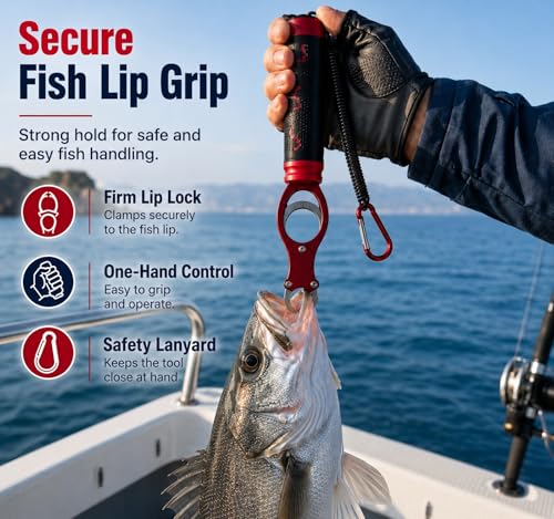 Fish Lip Gripper with Scale, Fish Control Tool Fish Grabber, Stainless Steel Fishing Pliers with Non-Slip Handle, Portable Fish Holder Tool for Saltwater Freshwater Fishing - color: Red
