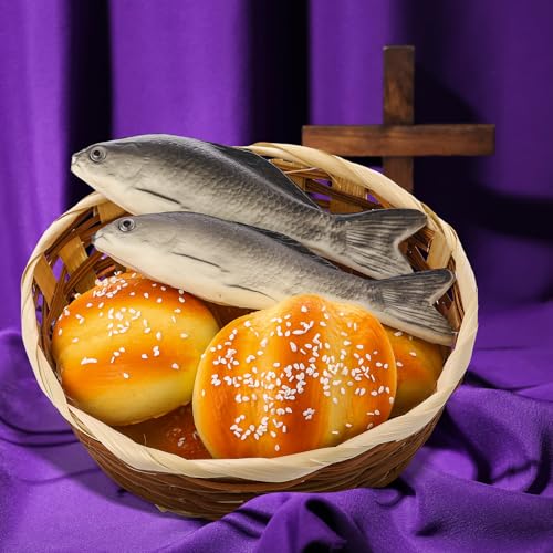 Shappy 8 Pcs Jesus Miracle Loaves and Fish Decorations Include 2 Fake Fish and 5 Fake Artificial Bread with a Basket Sunday and Religious Learning Activities(Crucian Carp) - style: Crucian Carp