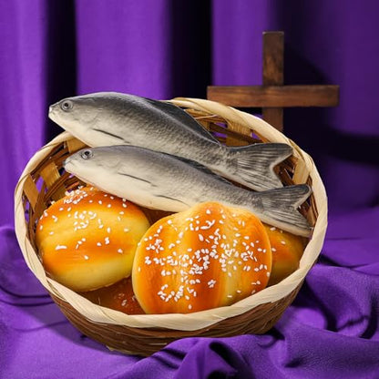 Shappy 8 Pcs Jesus Miracle Loaves and Fish Decorations Include 2 Fake Fish and 5 Fake Artificial Bread with a Basket Sunday and Religious Learning Activities(Crucian Carp) - style: Crucian Carp
