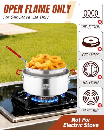 10QT Fish Fryer Pot with Basket, Lid & Tongs, Alumuinum Frying Pot | Deep Fryer Pot with Thermometer, For Fish, Chicken Wings & French Fries, Open Flame Only