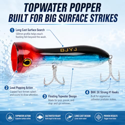 Topwater Popper Fishing Lure, 120mm 4.7in Floating Saltwater Surface Bait with BKK 3X Strong #1 Treble Hooks and Split Rings, Long Casting Hard Lure for Striped Bass Tuna Bluefish Inshore Fishing - color: A2-1PCS/1.48OZ-4.7"