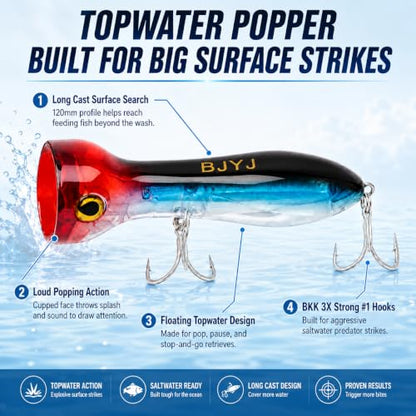 Topwater Popper Fishing Lure, 120mm 4.7in Floating Saltwater Surface Bait with BKK 3X Strong #1 Treble Hooks and Split Rings, Long Casting Hard Lure for Striped Bass Tuna Bluefish Inshore Fishing - color: A2-1PCS/1.48OZ-4.7"