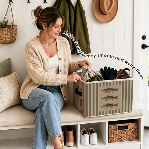 Coastal Beach Fishing Storage Bins with Handles, Olive Green Striped Sea Bass Fish Collapsible Clothes Toys Books Organizer Basket for Beach House Home Bedroom Bathroom