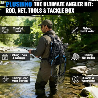 PLUSINNO Fishing Gear- Fishing Rod and Reel Combos, Fishing Backpack, Fishing Net, Fishing Bag with Rod Holders and Tackle Box for Freshwater/Saltwater, Fishing Gifts for Men - style: Black Backpack With Rod&net