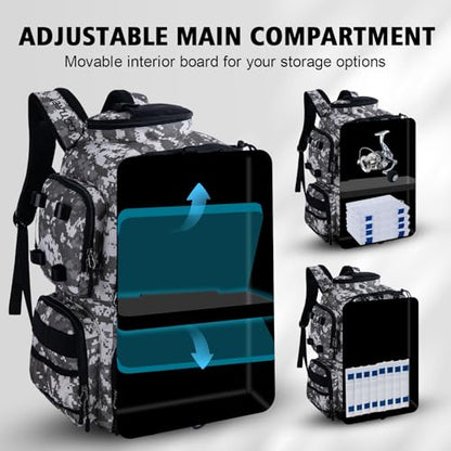 Goture Fishing Backpack, 900D Water-Resistant Tackle Backpack with Rod Holders, 45L Large Fishing Bag Storage Gear Tackle Bag with 8 Lure Pockets, Rain Cover for Camping Hiking(Without Tackle Box) - color: 45L Digital Camo with 8 Lure Pockets