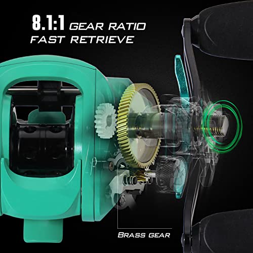 Sougayilang Baitcasting Fishing Reel with 9 + 1 Anti-Reverse Ball Bearings, 8.1:1 High-Speed Gear Ratio Casting Reel - color: Turquoisee- Left Handed