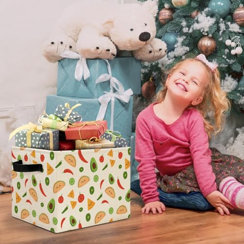 Trendy Cute Mexican Storage Bins Box with Handles, Mexican Food Taco Avocado Chili Pepper Tomato Collapsible Basket Hamper Clothes Toys Organizer for Kids Room Home Kitchen - color: Mexican Food