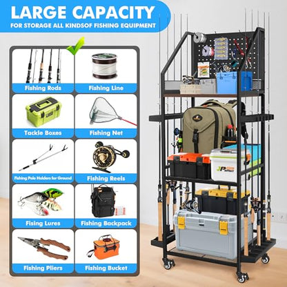 Fishing Pole Holders for Garage,3 Tiers Fishing Rod Rack,Holds up to 12 Rods,Fishing Organizer with Pegboard&Hooks&Lockable Wheels,Fishing Pole Storage for Reel Combos/Tackle/Fishing