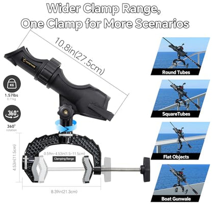 Hitorhike Fishing Rod Holder with Aluminum Alloy Base and One-Click Lock System Fits Round Square Tubes 0.59"~4.53" Enlarged Clamp Range for Boat Kayak Fishing - style: Powerlock Fishing Rod Holder-2 Pack