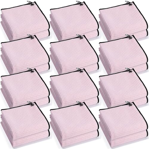 Batiyeer 12 Pcs Golf Towel Bulk for Golf Bags Microfiber Fabric Towel with Clip Waffle Pattern, Fitness, Camping, Hiking, Yoga - color: Pink