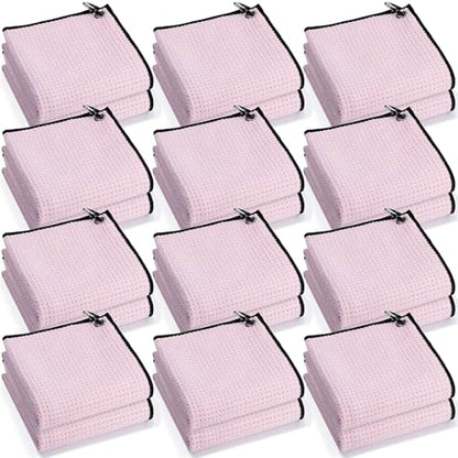 Batiyeer 12 Pcs Golf Towel Bulk for Golf Bags Microfiber Fabric Towel with Clip Waffle Pattern, Fitness, Camping, Hiking, Yoga - color: Pink
