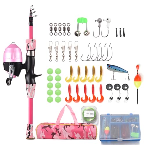Kids Fishing Rod and Reel Combo Full Kit 1.2m/1.5m Telescopic Casting Rod Pole with Spincast Reel and Hooks Lures Swivels Carry Bag - color: Pink, size: 1.5 m