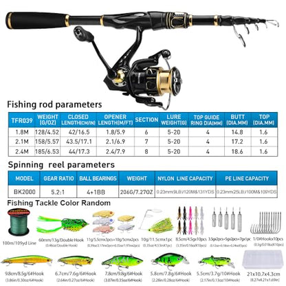 Fishing Rod and Reel Combo - Carbon Fiber Telescopic Fishing Pole with 2000 Spinning Reel Combos - Sea Saltwater Freshwater Ice Bass Fishing Tackle Set Fishing Rods Kit Fishing Poles and Reels Combo - color: Full Kit with Carrier Case, size: 6.9 ft