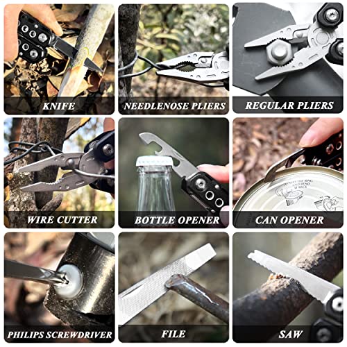 RoverTac Multitool Pliers Pocket Knife, 14 in 1 Multi Tool Knife Pliers Saw Bottle Opener Safety Lock Nylon Sheath, Camping Hiking Gear Multitool for Camping Survival Hiking DIY, Gifts for Men Dad - color: Black