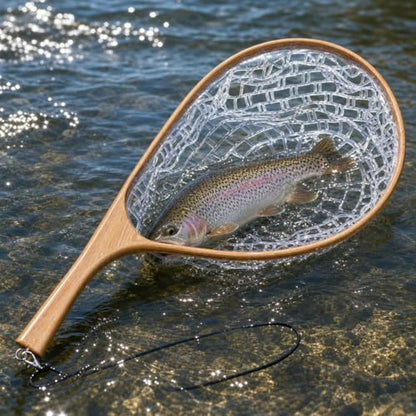 Portable Wooden Fly Fishing Net with Soft Silicone Mesh - Ideal for Trout & Bass Catch and Release - Essential Freshwater & Saltwater Gear for Anglers White Curved Handle Large - color: White Curved Handle