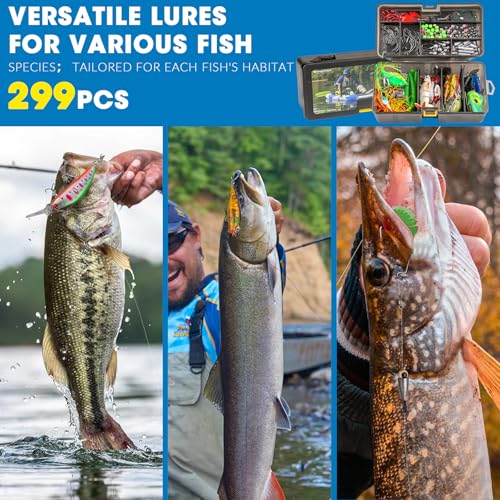 THKFISH Fishing Lures Kit, Bass Fishing Gear Kit for Freshwater Tackle Box with Tackle Included Topwater Baits, Swimbaits, Frog, Fsihing Bait Accessories Gift for Men - color: 299pcs Tackle Box Kit