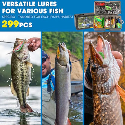 THKFISH Fishing Lures Kit, Bass Fishing Gear Kit for Freshwater Tackle Box with Tackle Included Topwater Baits, Swimbaits, Frog, Fsihing Bait Accessories Gift for Men - color: 299pcs Tackle Box Kit