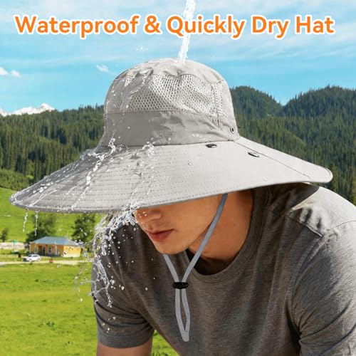Super Wide Brim Fishing Hat UPF 50+ Sun Safari Hat with Removable Neck Face Flap - color: Light Grey