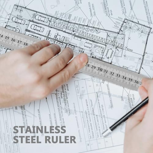 Lurrose 5pcs Double-Sided Stainless Steel Rulers with Metric and Imperial Scales, Metal Measuring Yardsticks Set for School, Office, and Construction Use, Straight Ruler Kit