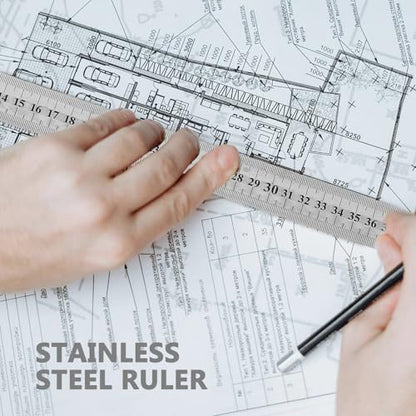 Lurrose 5pcs Double-Sided Stainless Steel Rulers with Metric and Imperial Scales, Metal Measuring Yardsticks Set for School, Office, and Construction Use, Straight Ruler Kit