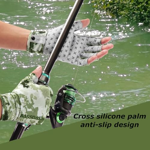 BASSDASH 3/4 Finger UPF 50+ Sun Gloves Breathable Anti-Slip Silicone Palm for Men Women Fishing Fingerless Cycling Running - color: Moss Shadow Camo, size: Large