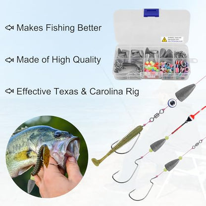 Carolina and Texas Rig Kit for Bass Fishing Worm Weights Bullet Sinkers Hooks Beads Rolling Swivels Fishing Accessories Tackle Box Kit 163pcs
