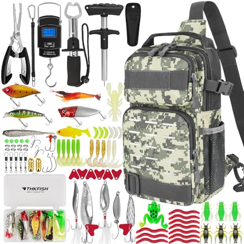 THKFISH 85Pcs Fishing Tool Kit, Fishing Backpack with Tackle Boxes Included, Fishing Tackle Kit Include Fishing Bait Lure Gear Kit, Fishing Pliers, Fish Hook Remover, Lip Gripper - color: Digital Camo