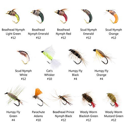 BASSDASH Fly Fishing Flies Kit Fly Assortment Trout Bass Fishing with Fly Box with Dry/Wet Flies, Nymphs, Streamers, Popper - style: 76 Pcs Assorted Trout Flies Kit