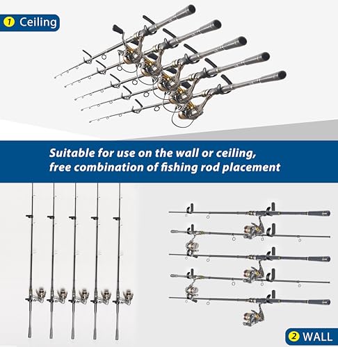 Mkono Fishing Rod/Pole Holder for Garage, Wall Ceiling Mounted Horizontal Rod Rack Holds Up to 10 Rods or Combos, Fishing Equipment Storage Organizer Gifts (20pack)