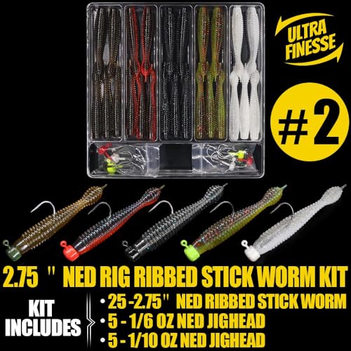 Ned-Rig-Kit-Finesse-Baits-Soft-Plastic-Worms-Fising-Lure for Bass Stick Swimbait Minnow Crawfish Lures Shroom Ned Jig Head Kit - color: 35-Piece 2.75'' #02 Stick Worms Ned Rig Kit