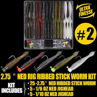 Ned-Rig-Kit-Finesse-Baits-Soft-Plastic-Worms-Fising-Lure for Bass Stick Swimbait Minnow Crawfish Lures Shroom Ned Jig Head Kit - color: 35-Piece 2.75'' #02 Stick Worms Ned Rig Kit