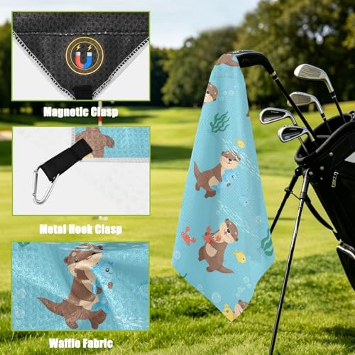 Otters Seaweed Fish Blue Pattern Magnetic Golf Towel for Golf Bags Microfiber Golf Essentials for Men Women with Carabiner Clip Attaches to Clubs and Carts, 17.7"x17.7"