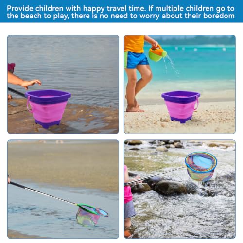 2PCS Fishing Net with Bucket, Telescopic Fishing Landing Net, Collapsible Youth Sand Bucket, Youth Fish Butterfly Catching for Freshwater Saltwater Outdoor Activities - color: Blue + Purple