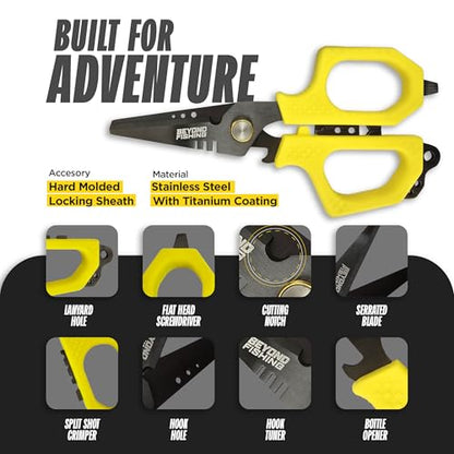 Beyond Fishing 6.5" Pro Fishing Shears Dual Serrated Blades, Fishing Braided Line Scissors with Titanium Coating, Non-Slip Grip & Multifunction Tool, Includes Hard Molded Locking Sheath - color: Pro - Yellow
