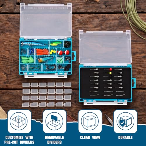 Wonderjune 4 Pack 3500 Double-sided Waterproof Fishing Tackle Boxes with Adjustable Dividers and EVA Foam Plastic Fishing Tackle Trays Clear Lures Storage Organizer for Jig Hook Bait (Blue)