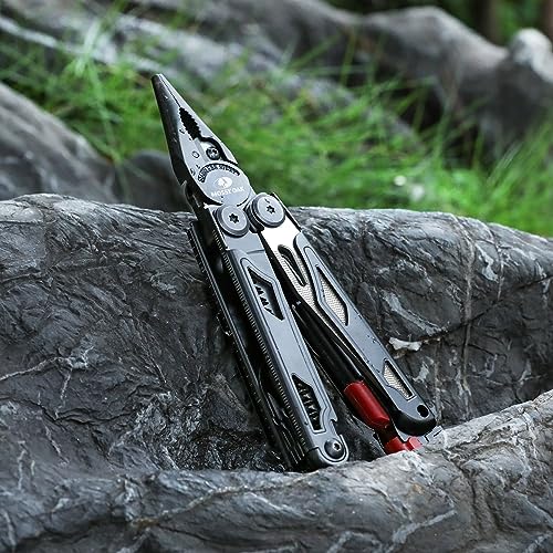 MOSSY OAK Multitool, 19-in-1 Stainless Steel Multi Tool Pliers, Survival Tools with Fire Starter, Window Breaker, Whistler, Self-locking EDC Gear with Sheath for Outdoor, Survival, Camping, Hiking - style: 19-in-1 with Fire Starter & Whistle