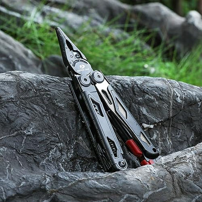 MOSSY OAK Multitool, 19-in-1 Stainless Steel Multi Tool Pliers, Survival Tools with Fire Starter, Window Breaker, Whistler, Self-locking EDC Gear with Sheath for Outdoor, Survival, Camping, Hiking - style: 19-in-1 with Fire Starter & Whistle