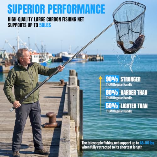 PLUSINNO Large Fishing Net, 3.4-7.7 FT Carbon Fiber Fish Net with Long Telescoping Handle, Kayak Fishing Gear Accessories Foldable Landing Net for Bass, Trout, Catfish, Fishing Gifts for Men Father - size: 6.4 FT (76.8") Full Length