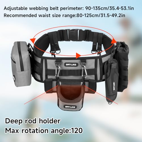 SANLIKE Adjustable Wading Fishing Belt Multi-Pocket Waist Rod Holder Tackle | 35–53in adjustable waist strap, soft mesh padding cuts fatigue, saltproof thick webbing, multi hooks for tackle mounting - color: Gray T2