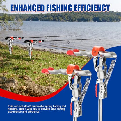 NYXOVA Automatic Spring Fishing Rod Holder, 2 Pack Stainless Steel Fishing Pole Holder for Ground, Automatic Rod Holder with Spring Loaded Tip-up Action for Fishing