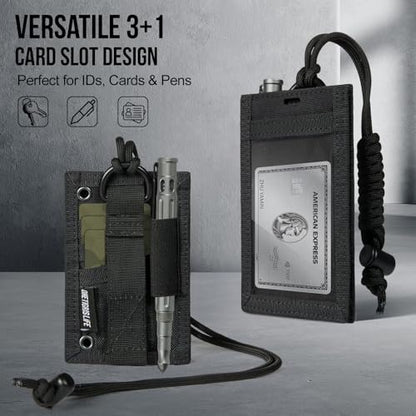 OneTigris Tactical ID Card Holder Hook & Loop Patch Badge Holder Neck Lanyard Key Ring and Credit Card Organizer (Black) - color: Black