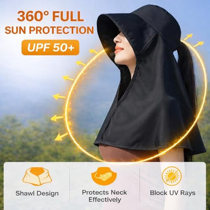 HUAMULAN Men Summer Sun Hat Women Safari Wide Brim Fishing Hats UV Protection Neck Flap Bucket Gardening Hiking Hunting Cap - color: Black With Neck Flap