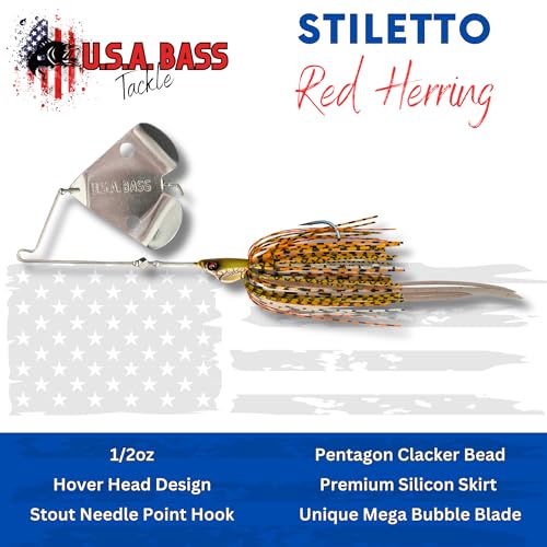 USA BASS Tackle Stiletto Buzzbait Largemouth Smallmouth Spotted Bass Premium Fishing Bait Hover Head Custom Silicon Skirt Mega Bubble Blade Clacker Heavy Duty Hook - color: Red Herring