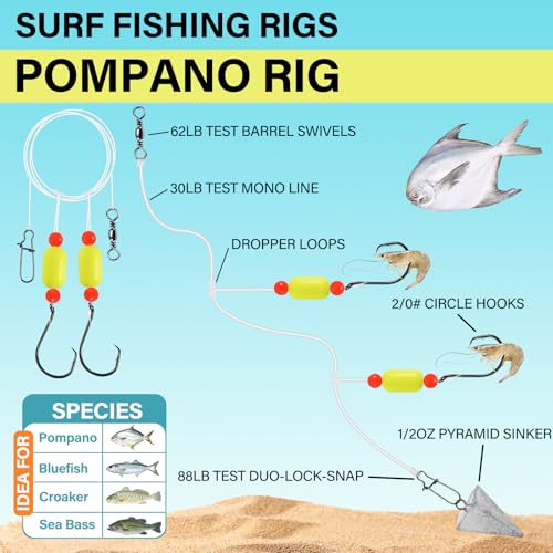 Alwonder 5-Pack Pompano Rigs Surf Fishing Rigs with Snell Floats, Saltwater Live Bait Rig Swivels Duo Lock Snaps Circle Wide Gap Kahle Hooks Rig for Beach Surf Casting Pier Jetty Fishing - color: Red 5-Pack, size: #2/0 Circle Hook