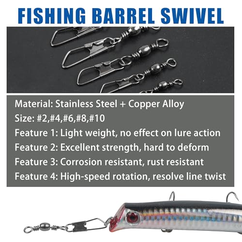 Fishing Barrel Swivel Snap Kit,Rolling Barrel Swivels with Safety Snaps High Strength Copper and Stainless Steel Fishing Quick Connect Snap Swivel Fishing Tackle - color: Mix Colors - 50pcs