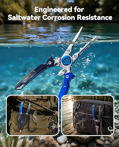KEXMO 17-4 Stainless Steel Fishing Pliers, Anti-Twist Saltwater Hook Remover Tool, 7.17" Split Ring Pliers with Tungsten Cutters, Lightweight Aluminum Scales, Luminous Locking S-Carabiner - color: Blue