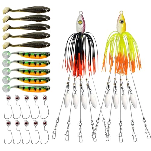 Alabama Rig Kit,2 Sets Umbrella Rig Fishing Lure Kit with Jig Heads and Trailers,5 Arms Fishing Umbrella Rigs Swimbait Lure for Trout Salmon Bass