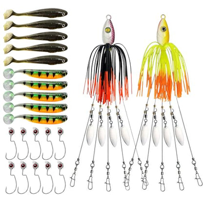 Alabama Rig Kit,2 Sets Umbrella Rig Fishing Lure Kit with Jig Heads and Trailers,5 Arms Fishing Umbrella Rigs Swimbait Lure for Trout Salmon Bass