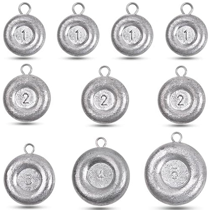 Disc Sinkers Fishing Weights, Flat Coin Sinkers Saltwater Surf Fishing Weights for Catfishing Drifting Trolling Bottom Saltwater Fishing Tackle 1oz 2oz 3oz 4oz 5oz 6oz 8oz - style: 1+2+3+4+5 Ounce, 10 Pack